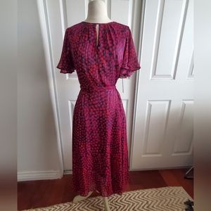NWT Tahari ASL Navy Flowing Dress with Pink Polka Dots, Size 4